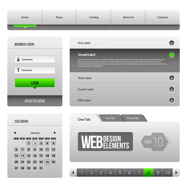 近代的なきれいなウェブサイト デザイン要素灰色緑灰色 3: ボタン、フォーム、スライダー、スクロール、カルーセル、アイコン、メニューのナビゲーション バー、ダウンロード、改ページ、ビデオ、プレーヤー、タブ、アコーディオン、検索, — ストックベクタ