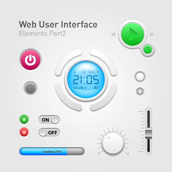 Web ユーザー インターフェイス要素のデザインその 2: タイマー、ボタン、プログレスバー、ノブ、スイッチ、オフ、プレーヤー、再生、停止、電源、トラック、時計、容積、ウェブサイト — ストックベクタ