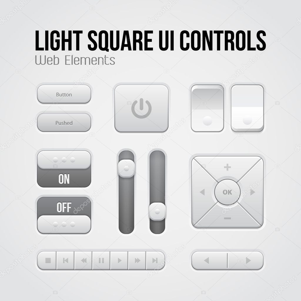 Light Square UI Controls Web Elements: Buttons, Switchers, On, Off, Player, Audio, Video: Play, Stop, Next, Pause, Volume, Equalizer, Arrows