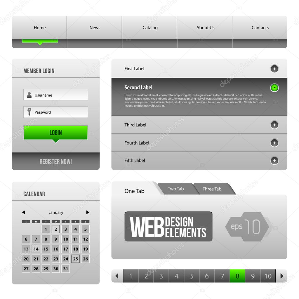 Modern Clean Website Design Elements Grey Green Gray 3: Buttons, Form, Slider, Scroll, Carousel, Icons, Menu, Navigation Bar, Download, Pagination, Video, Player, Tab, Accordion, Search,