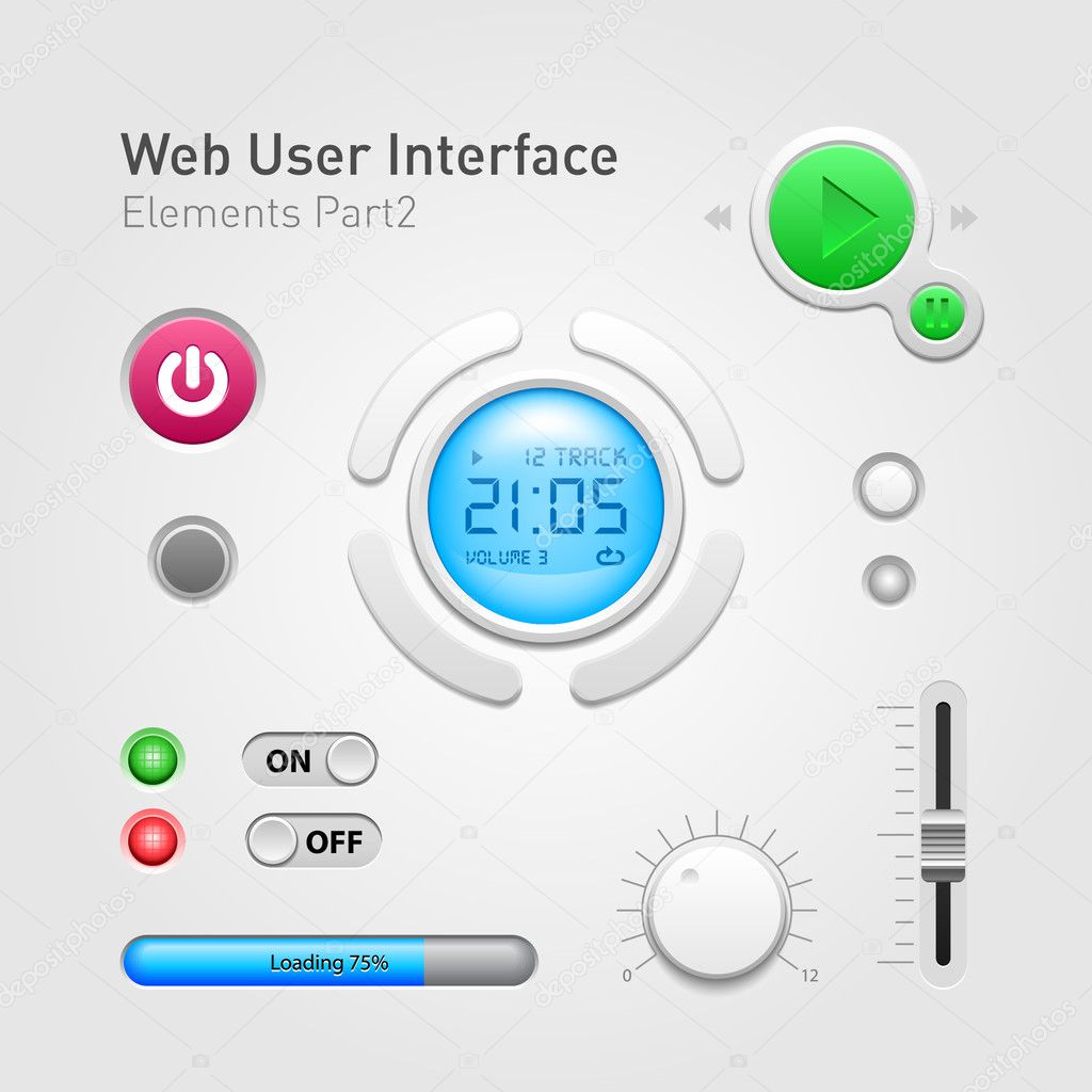 Web User Interface Elements Of Design Part 2: Timer, Buttons, Progress Bar, Knobs, Switch, On, Off, Player, Play, Stop, Power, Track, Watch, Volume, Website