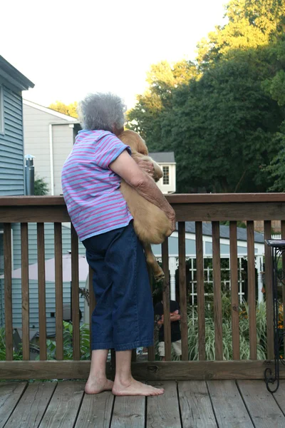 Mujer mayor sosteniendo cachorro vertical —  Fotos de Stock