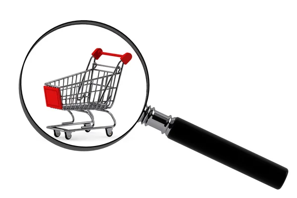 Magnifying glass & shopping trolley — Stock Photo, Image