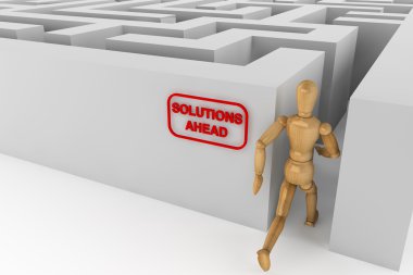 Wooden dummy runing to solution in labyrinth clipart