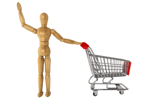 Wooden dummy with Shopping Cart — Stock Photo, Image