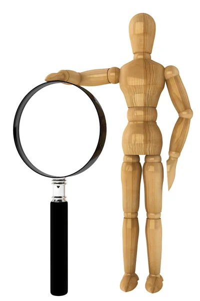 Wooden dummy with magnifying glass — Stock Photo, Image