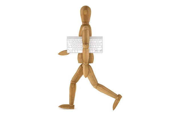 Manichino in legno con tastiera del computer — Foto Stock