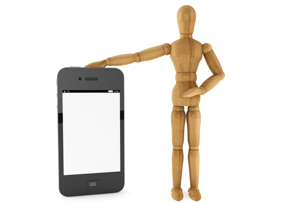 Mannequin en bois avec smartphone mobile — Photo