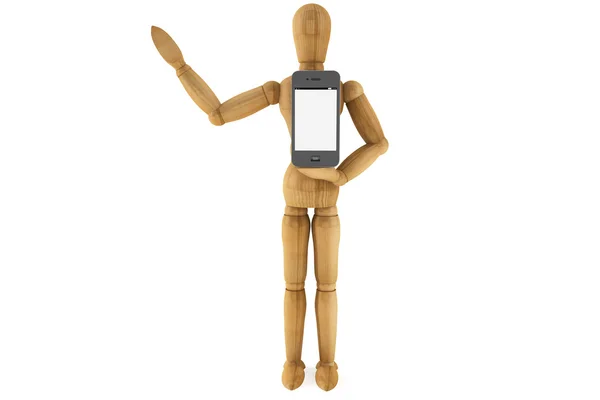 Mobil smartphone ile tahta kukla — Stok fotoğraf