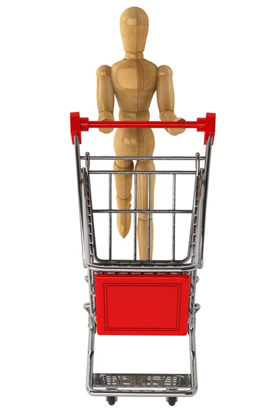 Wooden dummy with Shopping Cart — Stock Photo, Image