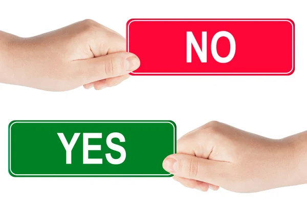 Yes and No traffic sign in the hand — Stock Photo, Image