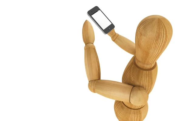 Wooden dummy with mobile smartphone — Stock Photo, Image