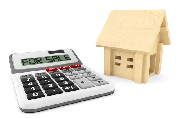 Концепція будинку для продажу. Дерев'яний будинок з калькулятором — стокове фото