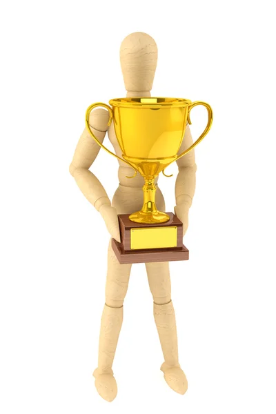 Wooden Dummy with Gold Trophy — Stock Photo, Image