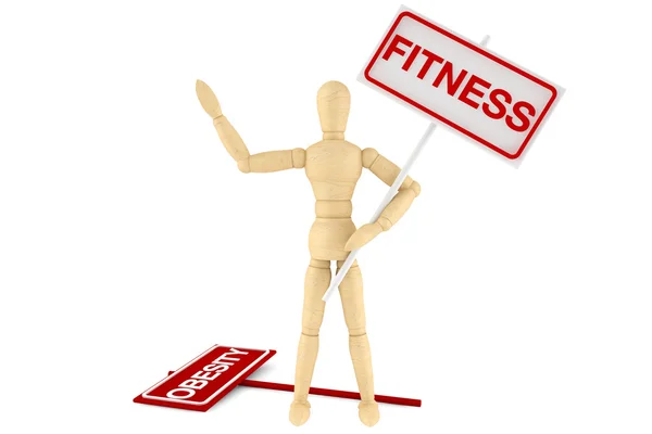Wooden dummy with Fitness Banner — Stock Photo, Image
