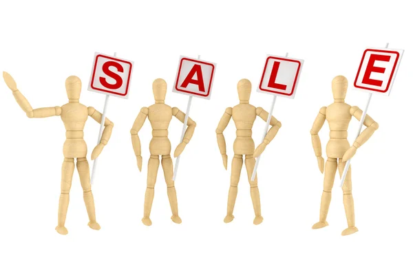 Dřevěné figuríny s nápisy oznamující výprodej — Stock fotografie