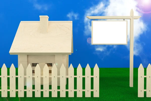 Casa de madeira com banner em branco — Fotografia de Stock