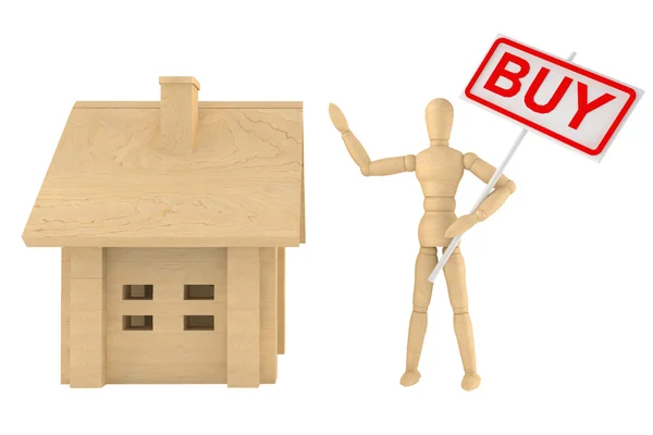 Dummy with house and buy banner — Stock Photo, Image