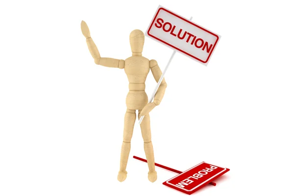 Wooden dummy with Solution Banner — Stock Photo, Image