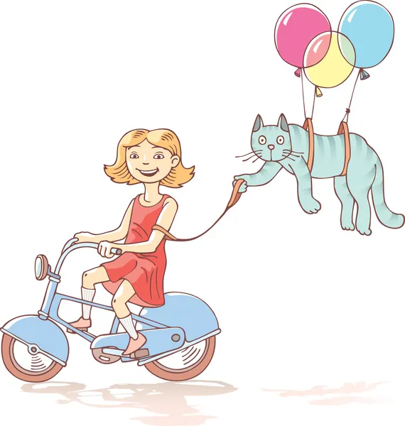 Ciclismo chica con el gato — Archivo Imágenes Vectoriales