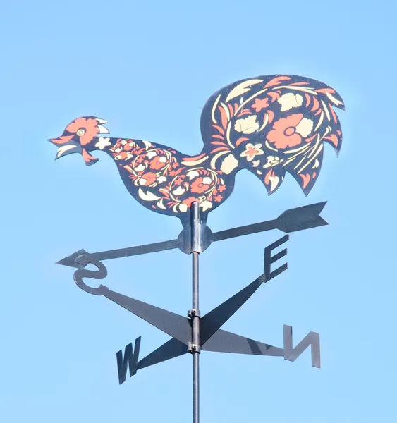 Cock decorative on the roof of the arrow. Weather vane — Stock Photo, Image