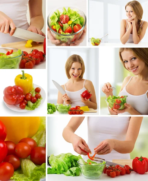 Collage. hälsosam mat, färska grönsaker, vegetarisk meny — Stockfoto