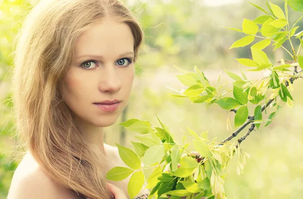 Hermosa chica misteriosa encantadora en el bosque en la naturaleza —  Fotos de Stock