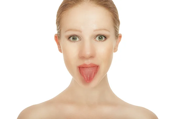 Menina alegre mostra língua — Fotografia de Stock