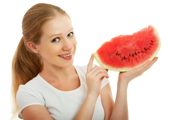 Junge Frau hält ein Stück Wassermelone isoliert über weiß — Stockfoto