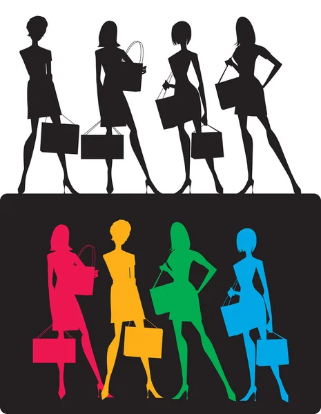 Kızlar alışveriş silhouettes — Stok Vektör