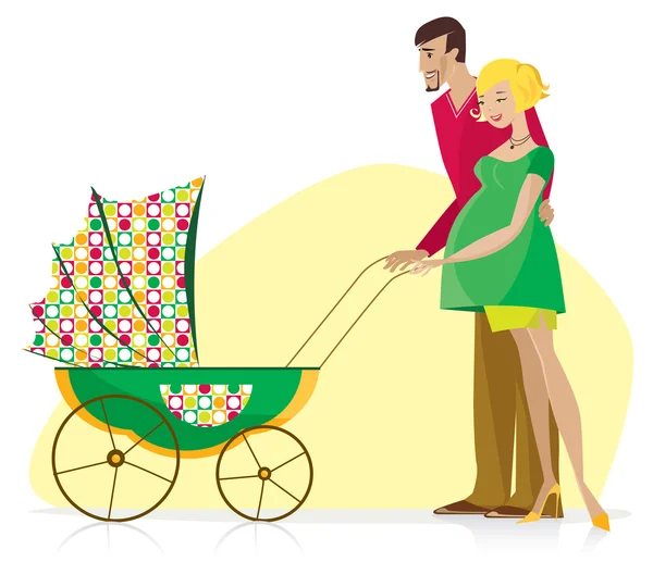 Happy Couple with Baby Stroller — Stock Vector