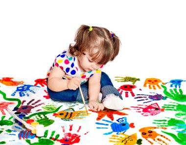Little girl drawing a poster paints to protect the environment clipart