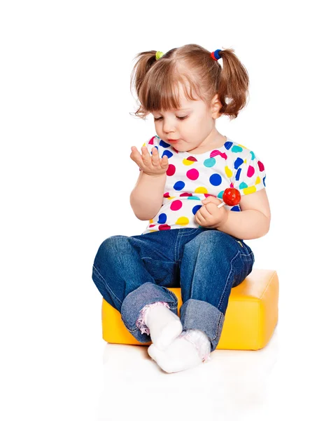 Beautiful little girl playing in the constructor — Stock Photo, Image