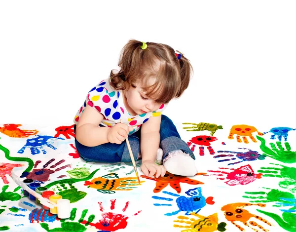 Little girl drawing a poster paints to protect the environment — Stock Photo, Image