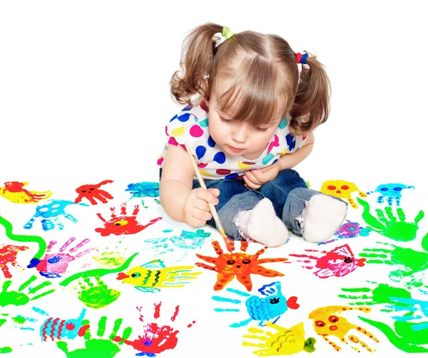 Little girl drawing a poster paints to protect the environment — Stock Photo, Image