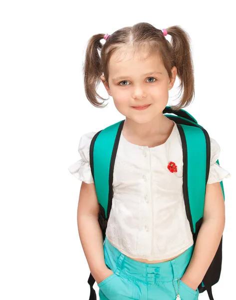 stock image Portrait of a beautiful girl with a briefcase on a white backgro