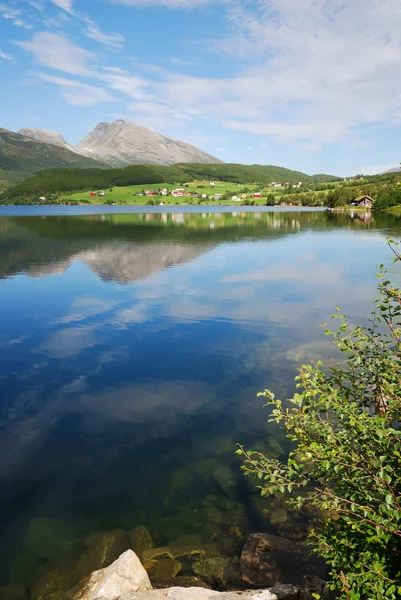 Transparante fjord met groene kust. — Stockfoto