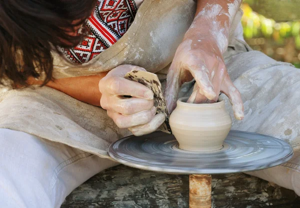Potter working by the throwing wheel — Stock Photo, Image