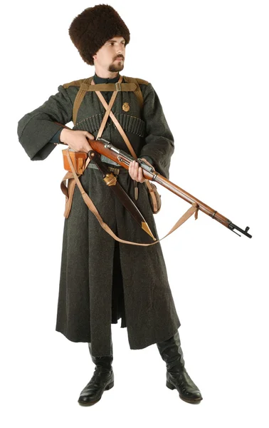 Ruský Kozák s puškou. živé historie. — Stock fotografie