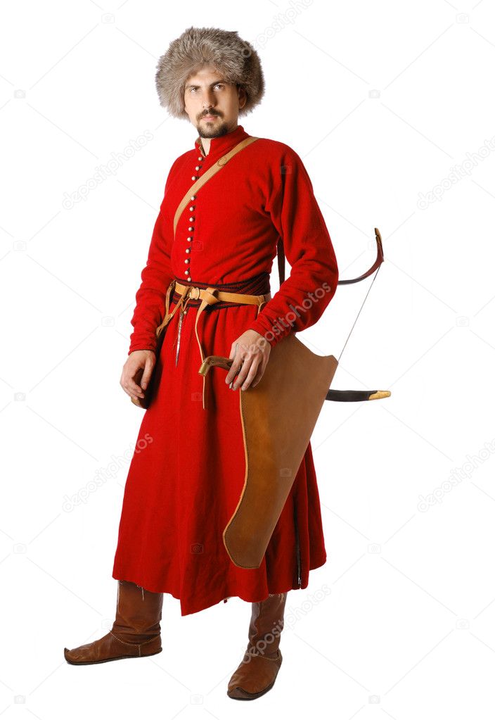 Re-enactor in costume of tatar warrior.