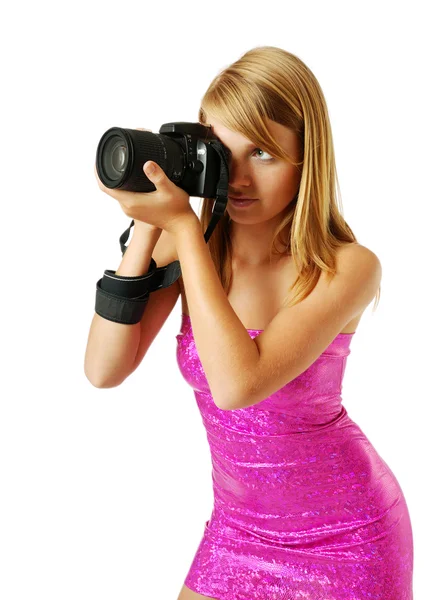 Όμορφη γυναίκα, φωτογραφίζοντας με μια μεγάλη φωτογραφική μηχανή — Φωτογραφία Αρχείου