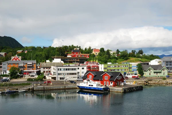 Νορβηγική πόλη με μικρή προβλήτα στο φιόρδ — Φωτογραφία Αρχείου