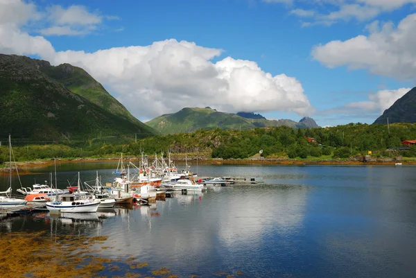 Fjord met pier in het midden van de bergen — Stockfoto
