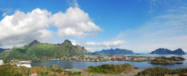 Panorama of Lofoten islands with small town clipart