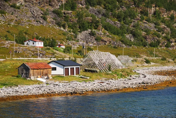 Νορβηγική ακτή με ξύλινα rack για την ξήρανση του γάδου — Φωτογραφία Αρχείου