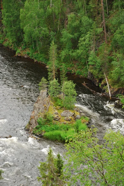 Snelle rivier met klein eiland in de taiga bos, juuma, finland — Stockfoto