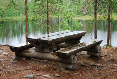 Timber table with benches near taiga river clipart