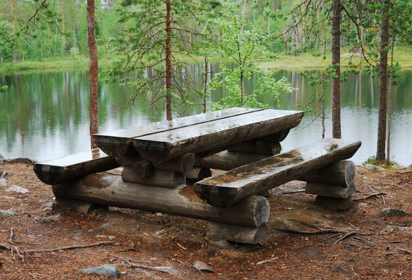 木材表与针叶林河附近的长椅 — 图库照片