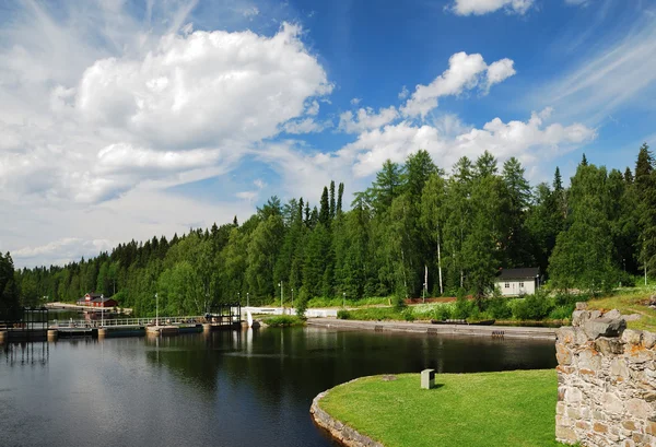 Summer view with river Kajaani. — Stock Photo, Image