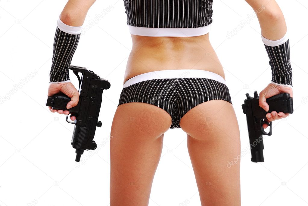 Female arms with guns and sexy body cut-out.